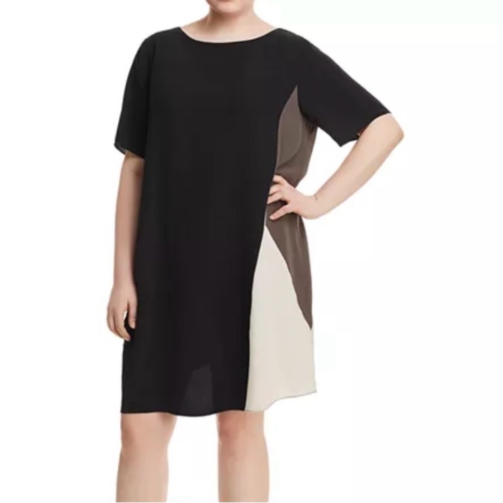 Eileen Fisher Silk Colorblock Dress Black Grey Tan XL